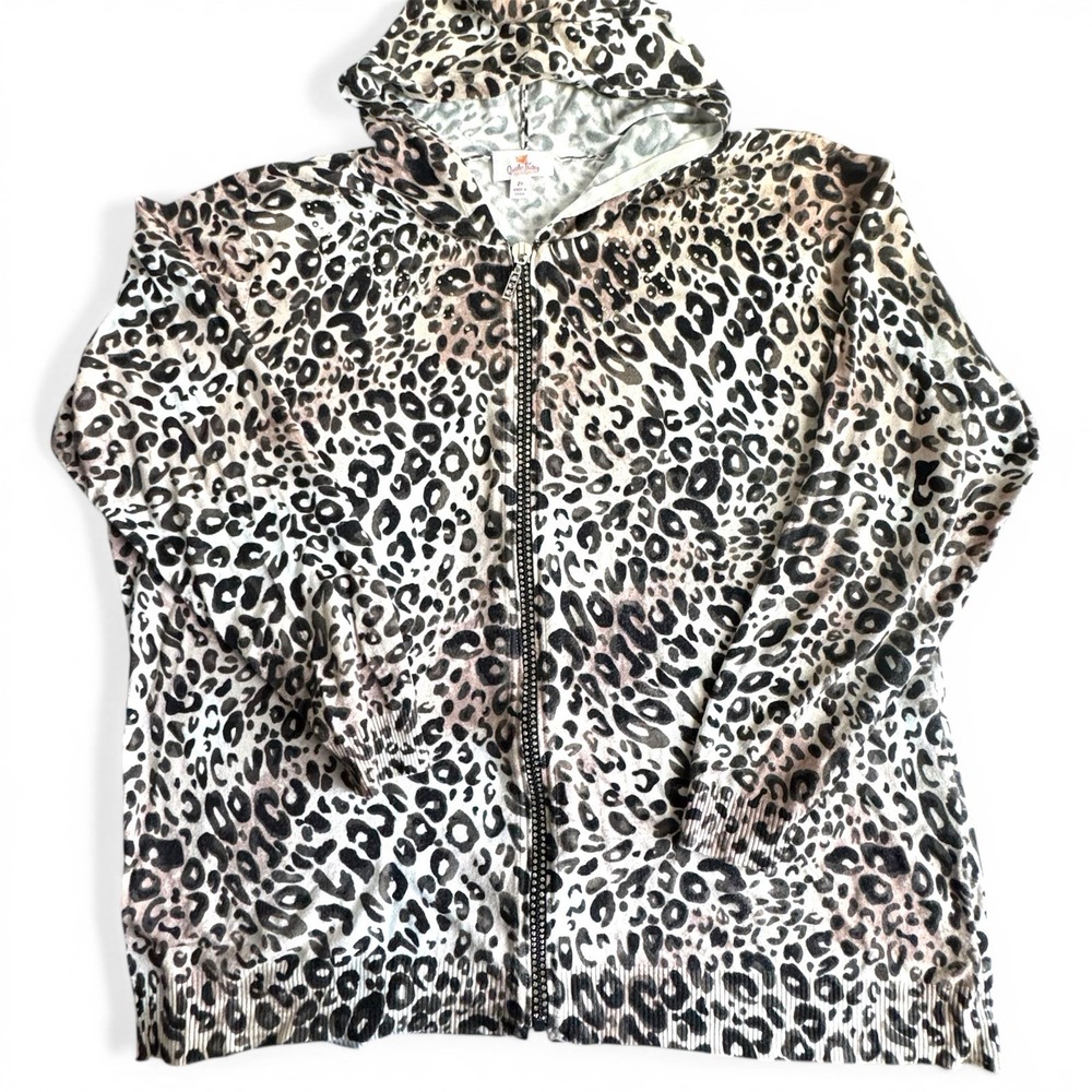 Quacker Factory Leopard Print Zip Cardigan Hoodie 2x Rhinestone Glam Stretch